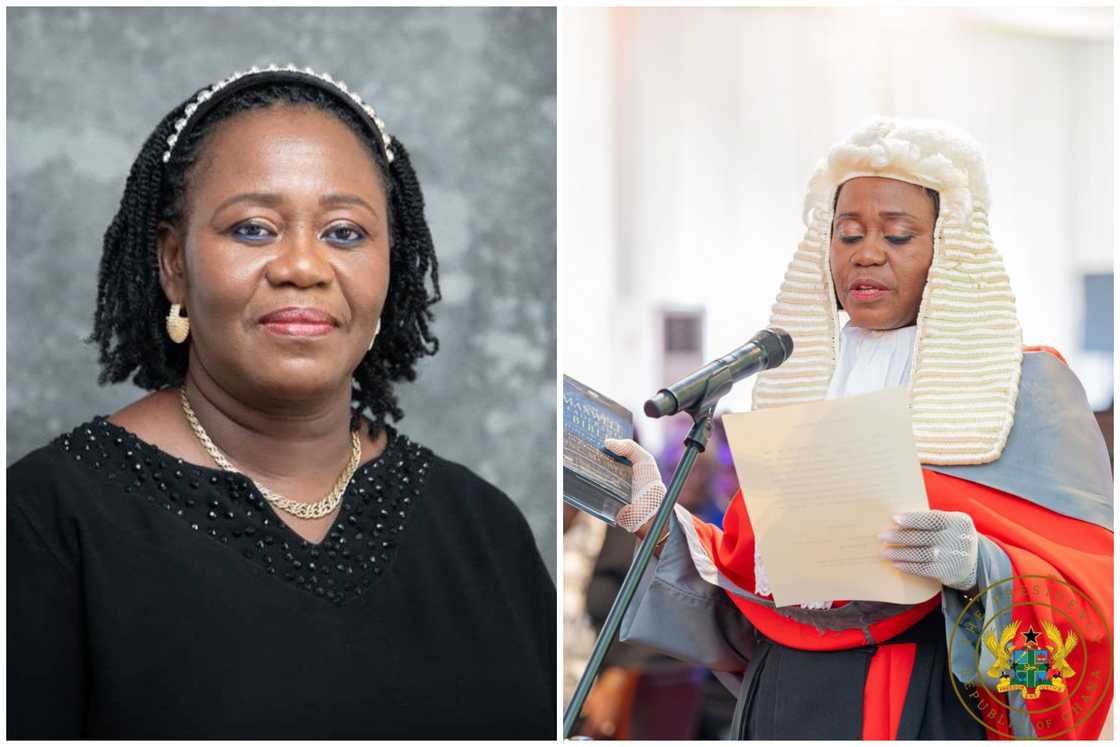 Gertrude Araba Esaaba Sackey Torkornoo in a black outfit (L), and her looking on a white sheet of paper (R) Gertrude Araba Esaaba Sackey Torkornoo in a black outfit (L), and her looking on a white sheet of paper (R)