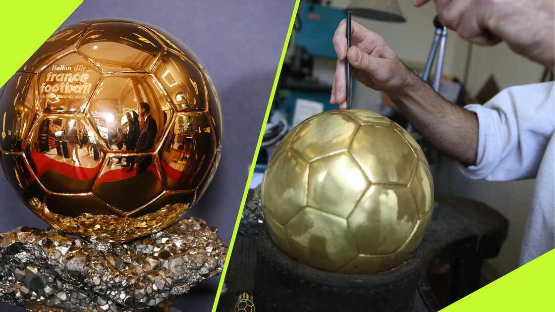 Although the Ballon d'Or is not entirely made of gold, it is covered with five kilograms of 18-carat of the precious mineral. Although the Ballon d'Or is not entirely made of gold, it is covered with five kilograms of 18-carat of the precious mineral.
