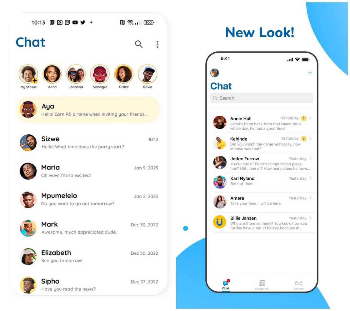 The Ayoba app chat feature on Android (L) and iOS (R) The Ayoba app chat feature on Android (L) and iOS (R)