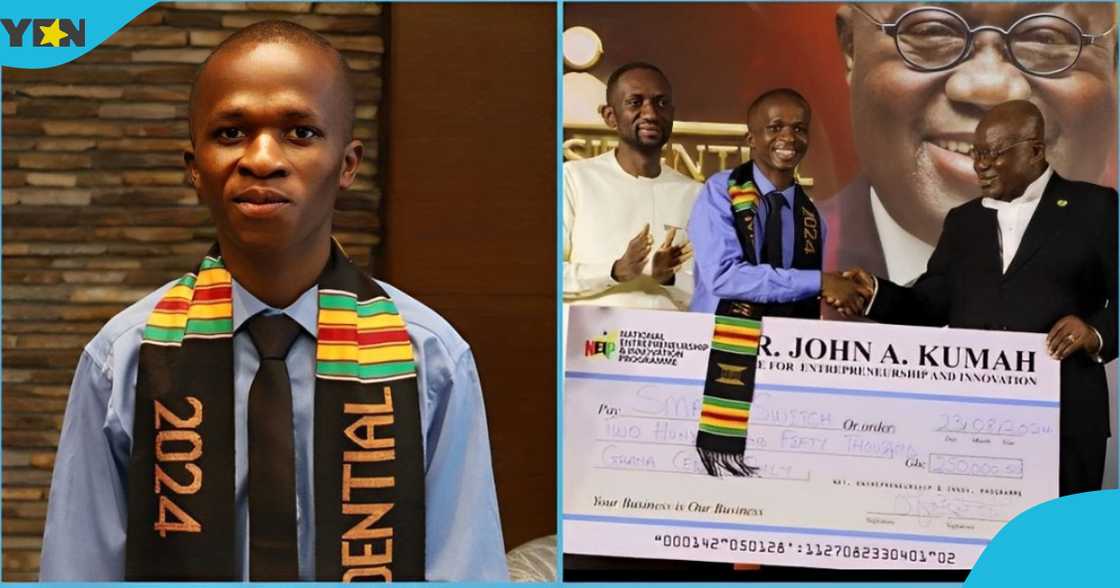 UMaT student Samuel Naamgwinaa receives an award and poses for a picture with President Akufo Addo.