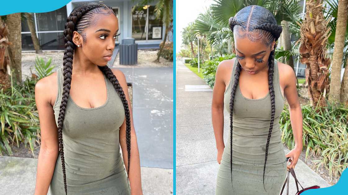 Two feed-in cornrow braids Two feed-in cornrow braids