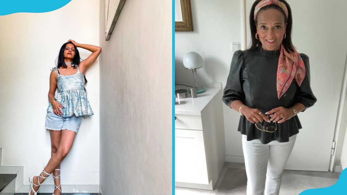 Women in blue and black peplum tops Women in blue and black peplum tops