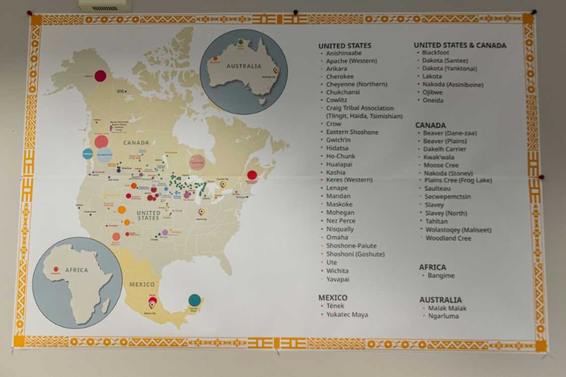 A map showing the regions of North America where language conservation efforts are conducted is displayed at the conference in Bloomington A map showing the regions of North America where language conservation efforts are conducted is displayed at the conference in Bloomington