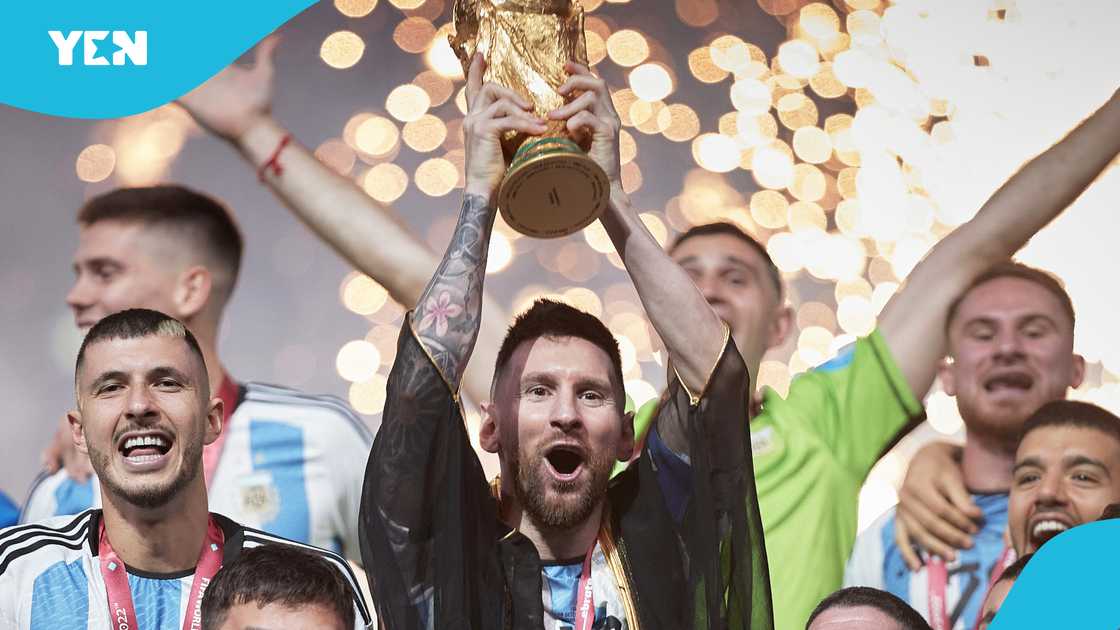 Lionel Messi of Argentina lifts the FIFA World Cup Qatar 2022 Winner's Trophy during the FIFA World Cup Qatar 2022 Final match between Argentina and France at Lusail Stadium on December 18, 2022 in Lusail City, Qatar Lionel Messi of Argentina lifts the FIFA World Cup Qatar 2022 Winner's Trophy during the FIFA World Cup Qatar 2022 Final match between Argentina and France at Lusail Stadium on December 18, 2022 in Lusail City, Qatar