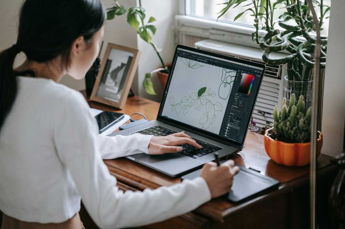 A woman designing art on a laptop.