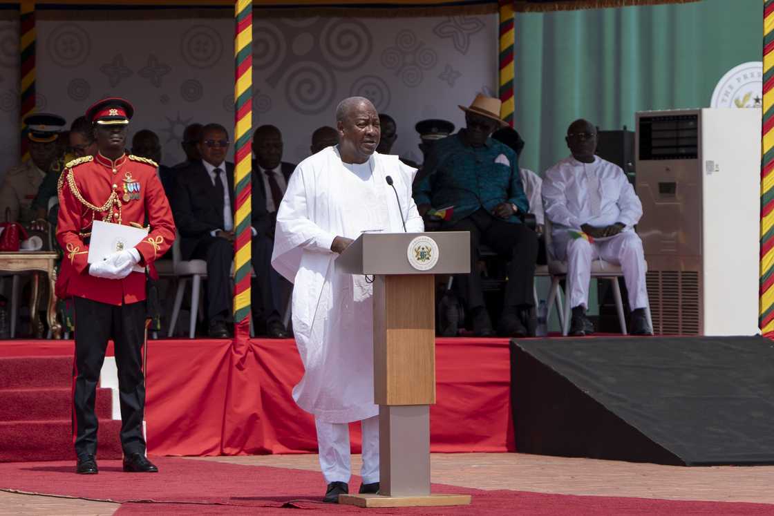 Ghana President John Mahama speaks during independent day celebrations at the forecourt of the Jubilee House on March 6, 2025, in Accra, Ghana Ghana President John Mahama speaks during independent day celebrations at the forecourt of the Jubilee House on March 6, 2025, in Accra, Ghana