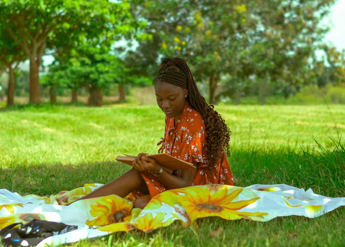 A young woman in a floral dress is reading a book in a sunny park A young woman in a floral dress is reading a book in a sunny park