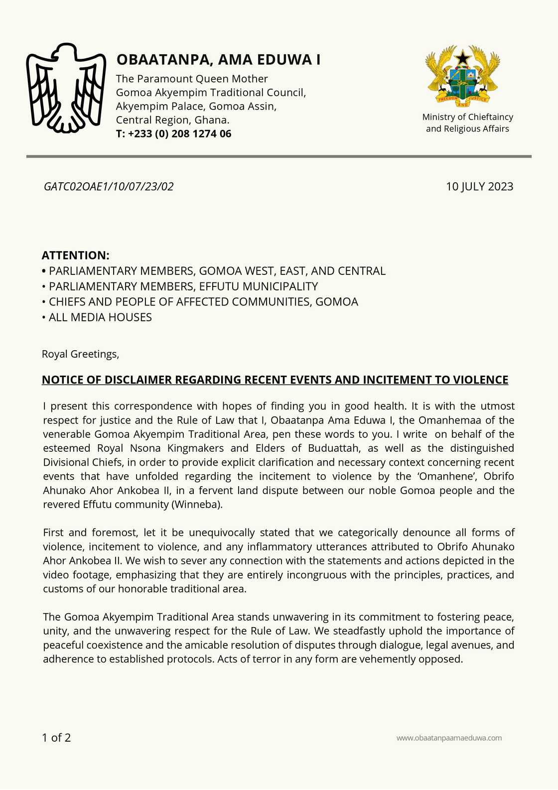 The statement from the Gomoa Akyempim Traditional Area The statement from the Gomoa Akyempim Traditional Area