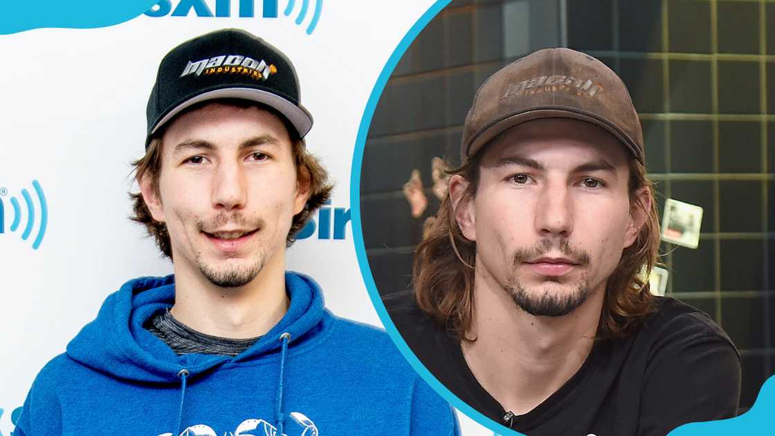 Parker Schnabel poses in a blue hoodie, black cap at SiriusXM Studios (L), and a black shirt and brown cap at Build Studios (R).