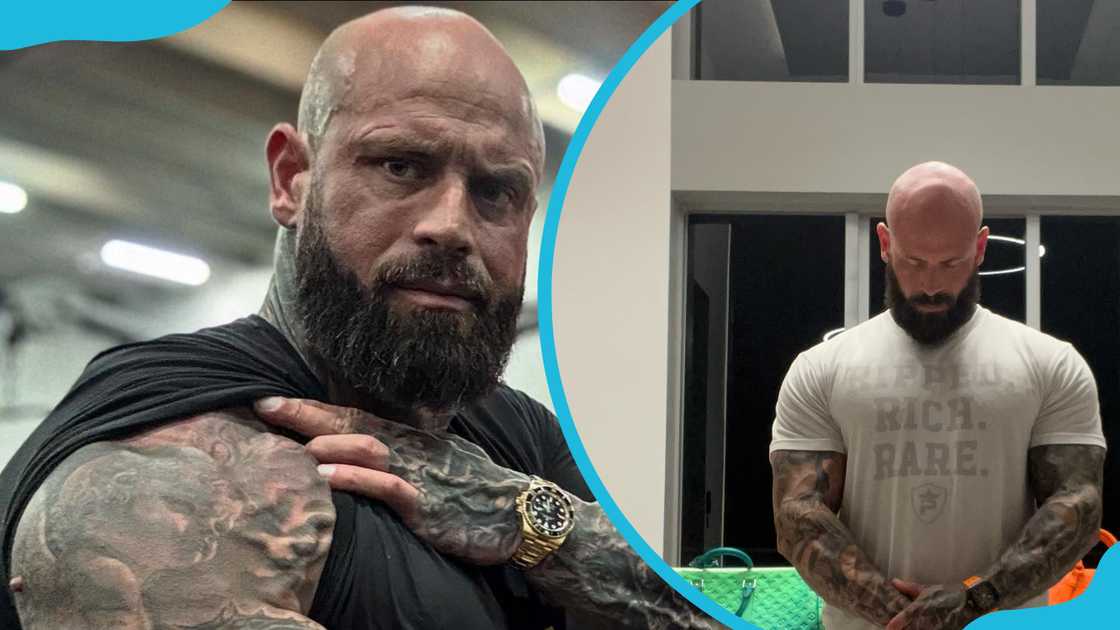 Wes Watson shows off his muscular bisceps (L) and stands looking down (R) Wes Watson shows off his muscular bisceps (L) and stands looking down (R)