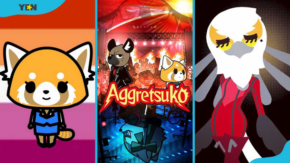 Aggretsuko characters: Retsuko (L), Haida and Retsuko (C), Ms Washimi (R).