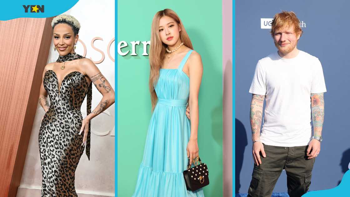 Doja Cat at the 97th Oscars (L), Rose of BLACKPINK (C), Ed Sheeran at the annual Los Angeles Dodgers Foundation (LADF) (R) Doja Cat at the 97th Oscars (L), Rose of BLACKPINK (C), Ed Sheeran at the annual Los Angeles Dodgers Foundation (LADF) (R)