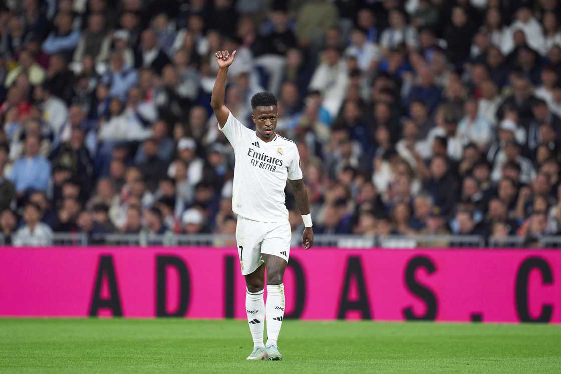 Vinicius Junior of Real Madrid CF reacts during the LaLiga EA Sports match between Real Madrid CF and Athletic Club at Estadio Santiago Bernabeu on April 20, 2025 in Madrid, Spain Vinicius Junior of Real Madrid CF reacts during the LaLiga EA Sports match between Real Madrid CF and Athletic Club at Estadio Santiago Bernabeu on April 20, 2025 in Madrid, Spain