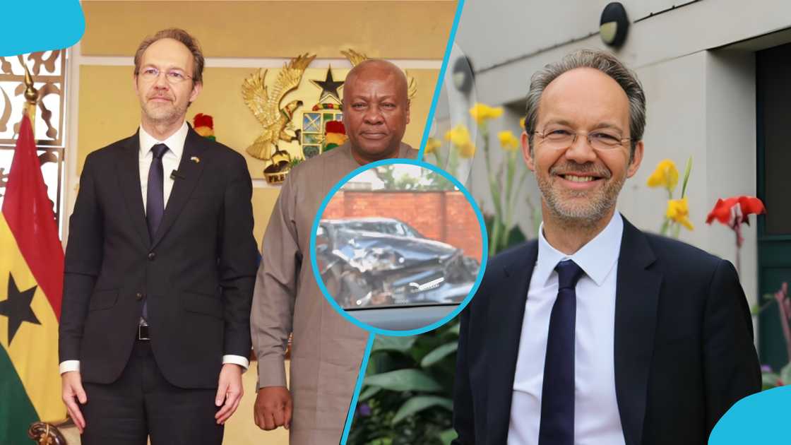 British High Commissioner to Ghana, accident at Ridge residence, Mercedes-Benz crash, Christian Rogg, Instagram video accident, police assess crash scene, damaged compound wall British High Commissioner to Ghana, accident at Ridge residence, Mercedes-Benz crash, Christian Rogg, Instagram video accident, police assess crash scene, damaged compound wall