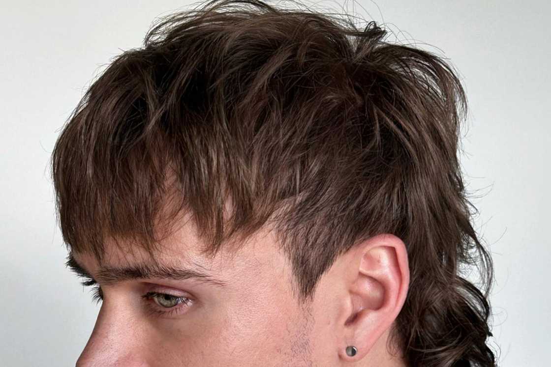 A mullet with fringe on a dark brown hair A mullet with fringe on a dark brown hair