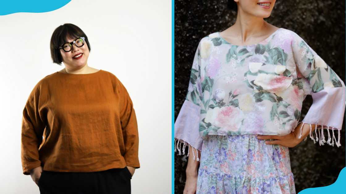 Two women in brown and floral boxy tops.