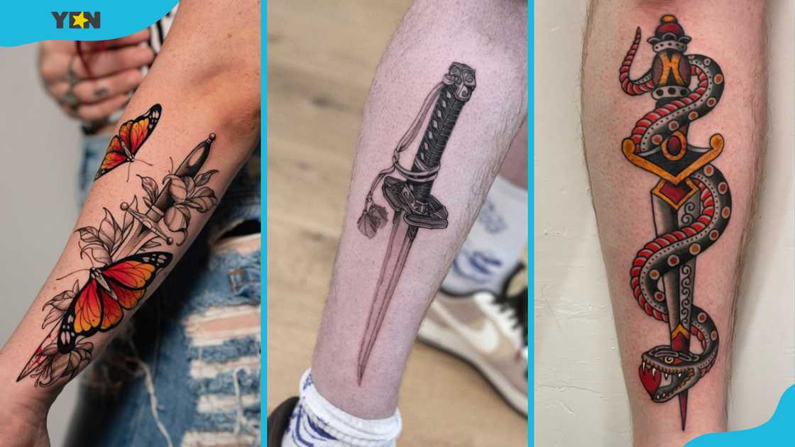 Different designs of dagger tattoo.