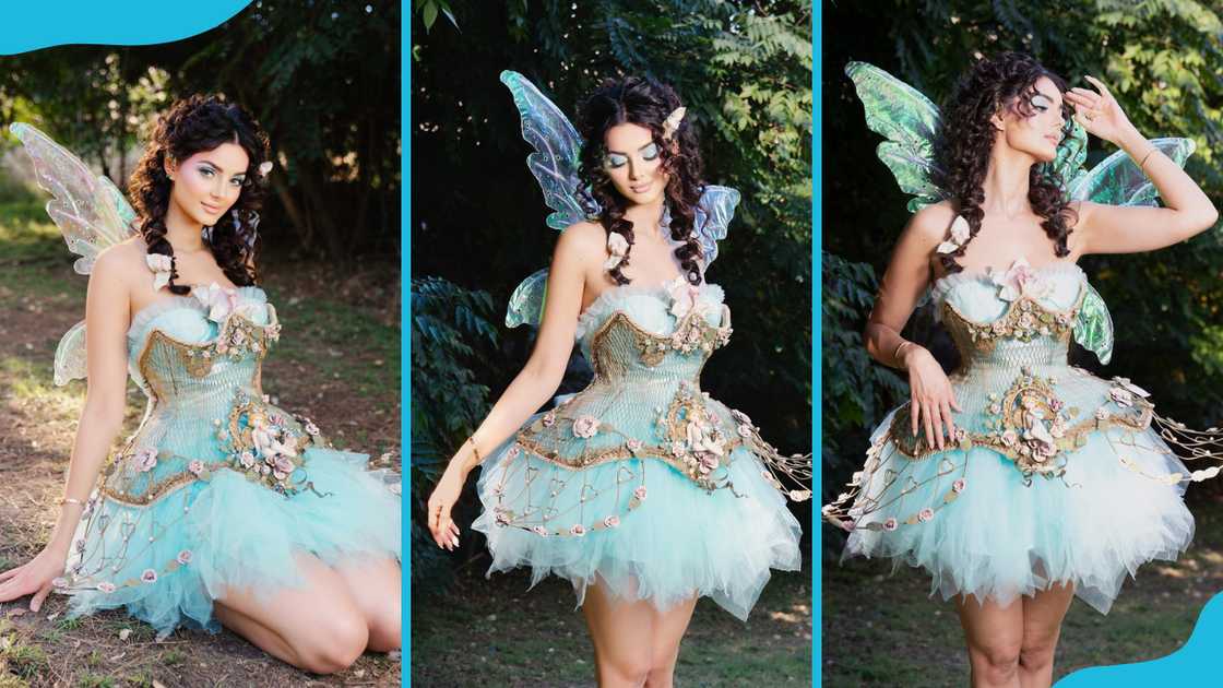 A model showcases a blue strapless fairy gown. A model showcases a blue strapless fairy gown.