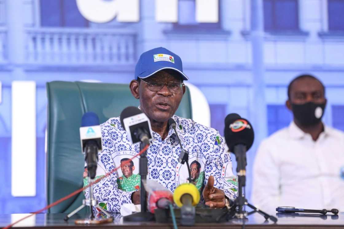 President Obiang, pictured at a 2021 press conference, came to power in a 1979 coup