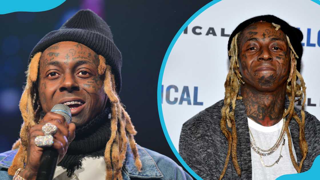 Lil Wayne attends the 2023 BMI R&B/Hip-Hop Awards Show (L) and at the launch of "ILLOGICAL" in LA (R)