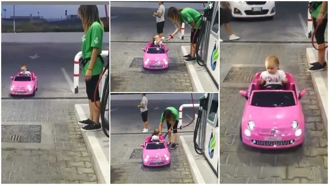The baby drove to the pump section. The baby drove to the pump section.