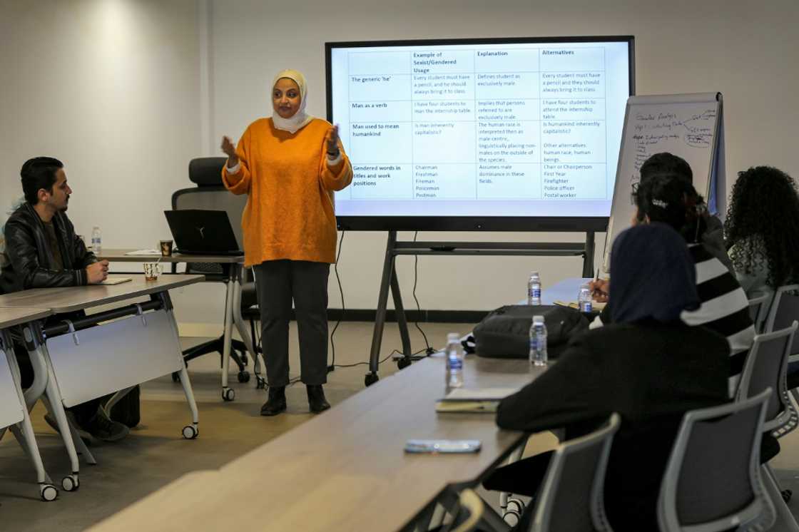 Shumoos Ghanem, entrepreneur and founder of the "Iraqi Women in Business" initiative, addresses participants during a workshop in Iraq's capital Baghdad