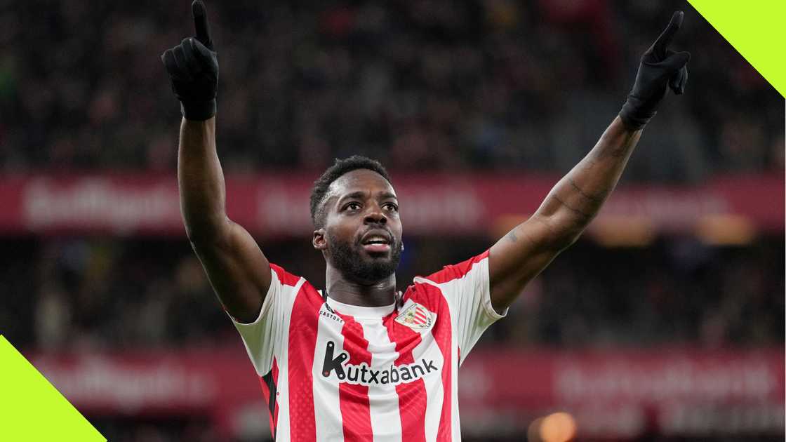 Inaki Williams celebrates as he scored the second goal in Athletic Club's victory over Villarreal in La Liga. Photo by uan Manuel Serrano Arce.