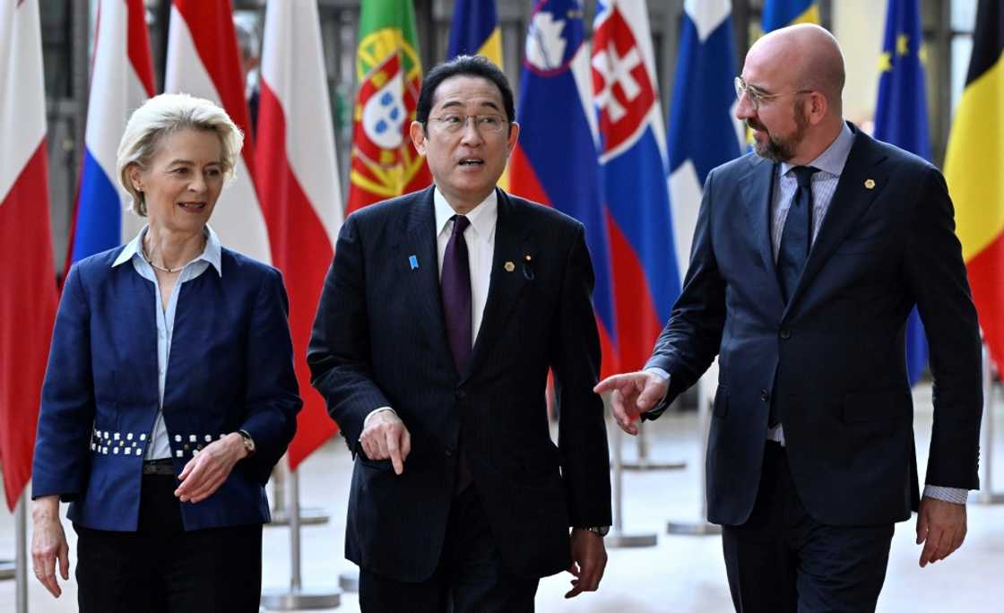 Japanese Prime Minister Fumio Kishida and the two EU chiefs, Ursula von der Leyen and Charles Michel, also discussed concerns over North Korea's missiles Japanese Prime Minister Fumio Kishida and the two EU chiefs, Ursula von der Leyen and Charles Michel, also discussed concerns over North Korea's missiles