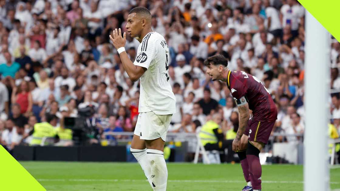 Kylian Mbappe reacts after missing a chance during Real Madrid's 3-0 triumph over Valladolid on August 25, 2024. Photo by Soccrates Images. Kylian Mbappe reacts after missing a chance during Real Madrid's 3-0 triumph over Valladolid on August 25, 2024. Photo by Soccrates Images.