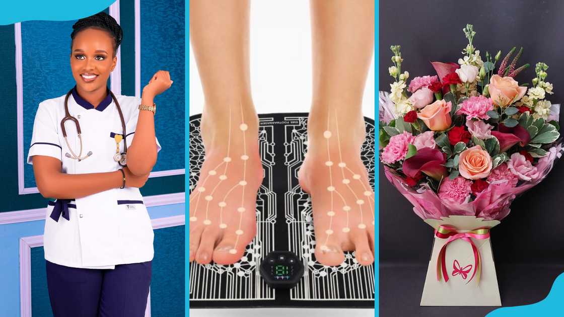 A nurse poses for a photo with a stethoscope on her neck (L), a man stepping on a foot massager (M), a colourful bouquet (R) A nurse poses for a photo with a stethoscope on her neck (L), a man stepping on a foot massager (M), a colourful bouquet (R)