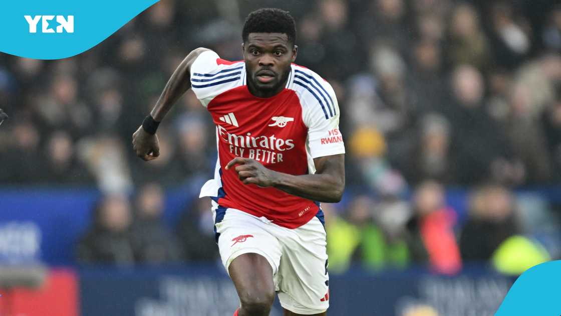 Thomas Partey put in a decent shift as Arsenal secured a hard-fought 2-0 win against Jordan Ayew's Leicester City in the Premier League. Photo by Stuart MacFarlane. Thomas Partey put in a decent shift as Arsenal secured a hard-fought 2-0 win against Jordan Ayew's Leicester City in the Premier League. Photo by Stuart MacFarlane.