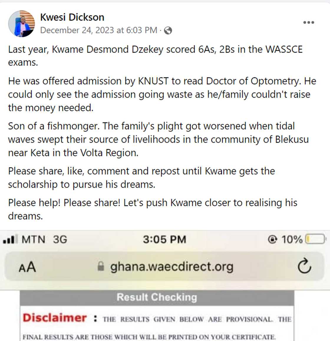 A screenshot of Kwesi Dickson's appeal for support.