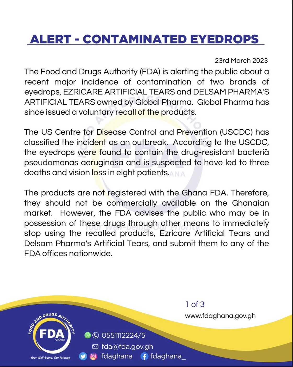 FDA has issued a statement about contaminated eyedrops on the market. FDA has issued a statement about contaminated eyedrops on the market.
