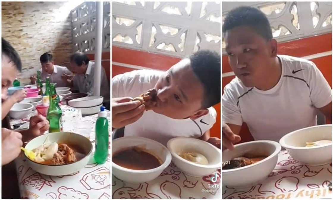 Oyinbo men seen enjoying fufu in an African restaurant