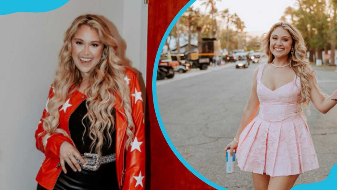 Alexandra Kay in an orange coat (L) and her fitting pink dress (R). Alexandra Kay in an orange coat (L) and her fitting pink dress (R).