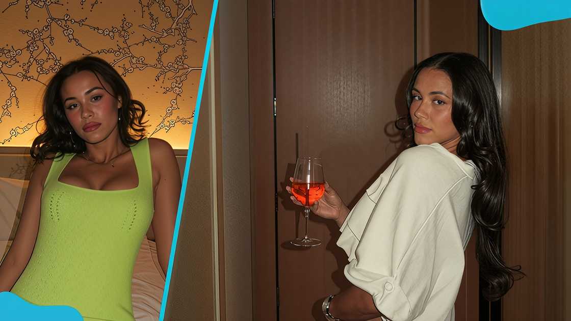 Yazmina Gonzalez relaxing on a bed and posing with a glass of wine.