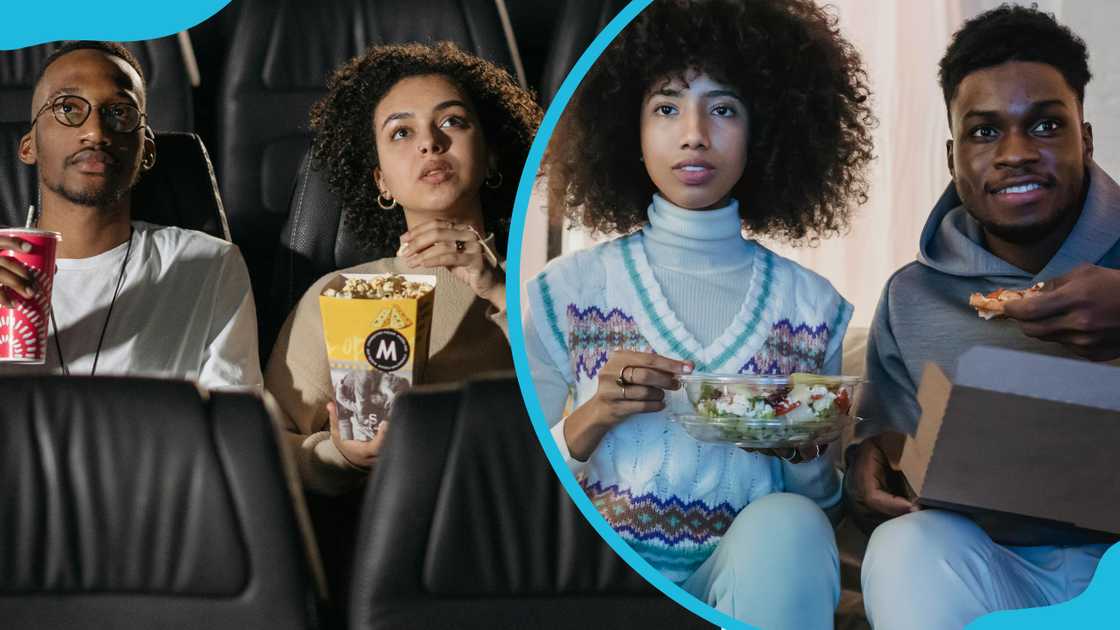 Two couples watching movies at home and inside a theatre Two couples watching movies at home and inside a theatre