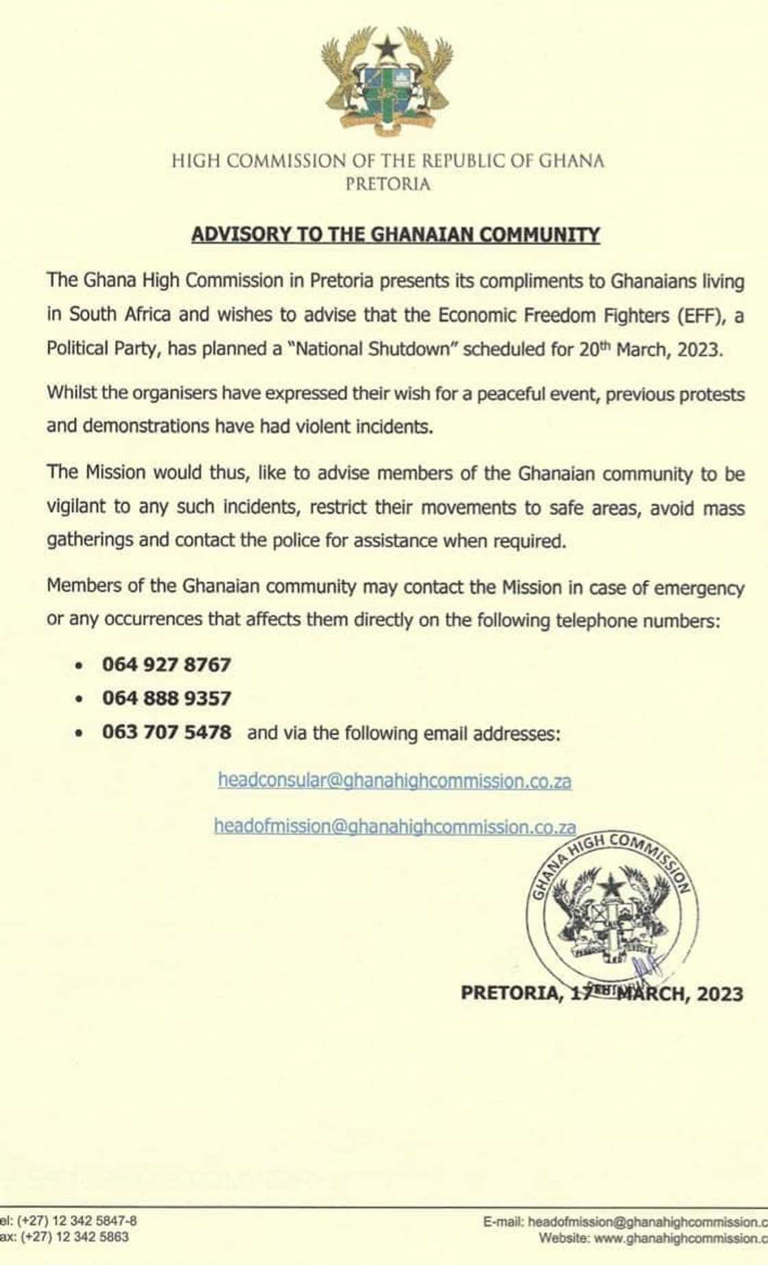 Ghanaians in South Africa have been warned against possible violent attacks as EFF stages a demonstration. Ghanaians in South Africa have been warned against possible violent attacks as EFF stages a demonstration.