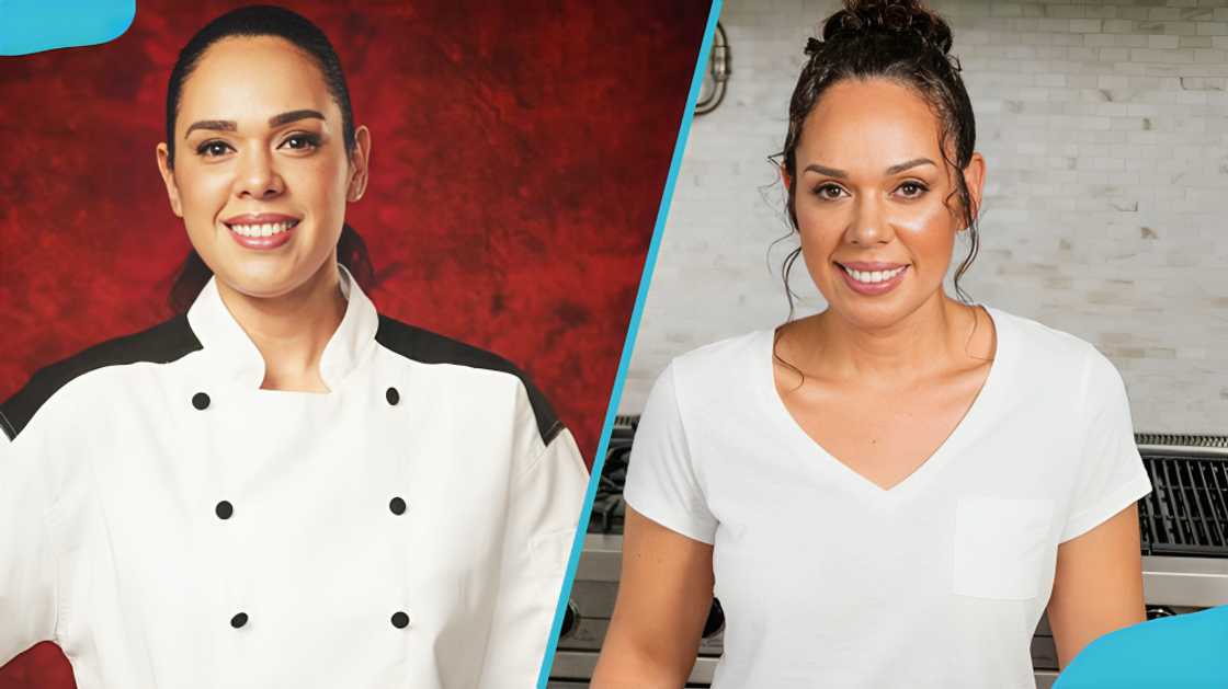 Ariel Fox smiling in a chef's white uniform and a white t-shirt Ariel Fox smiling in a chef's white uniform and a white t-shirt