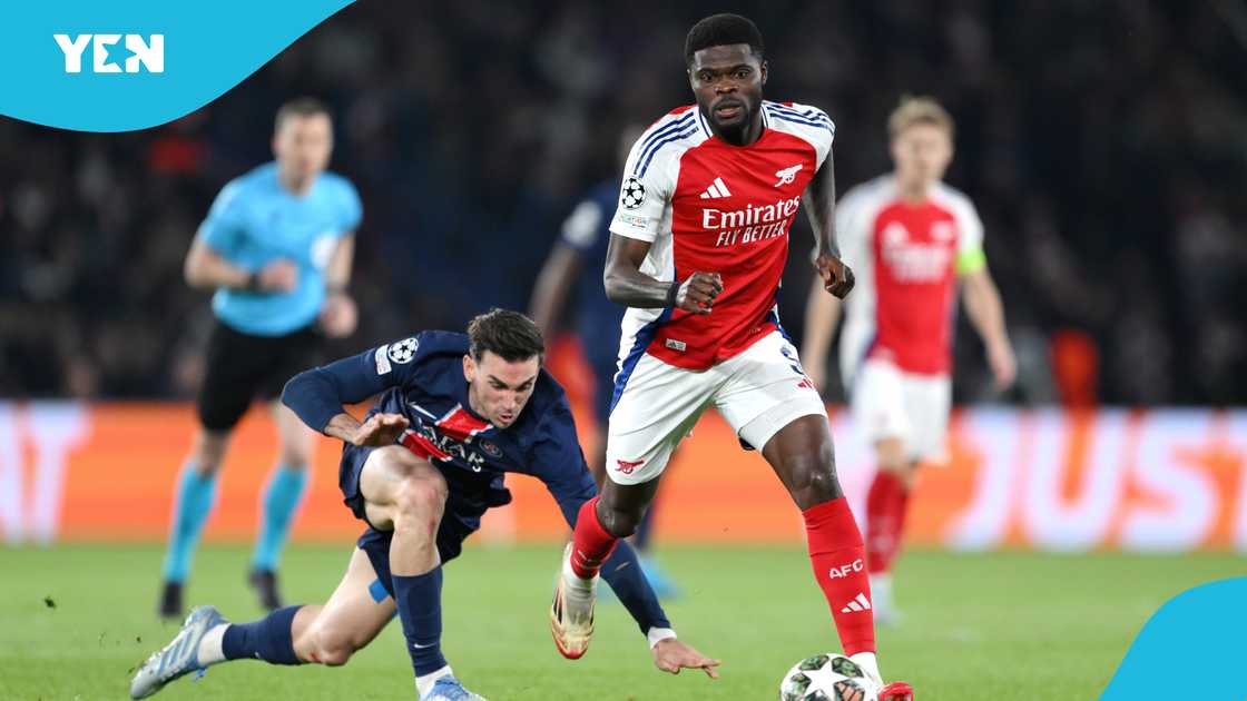 Arsenal, Thomas Partey, Fabian Ruiz, PSG, UEFA Champions League, clash, Parc des Princes. Arsenal, Thomas Partey, Fabian Ruiz, PSG, UEFA Champions League, clash, Parc des Princes.