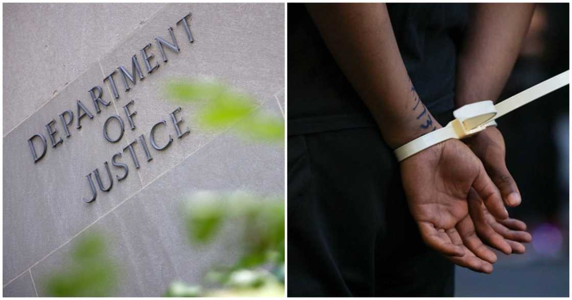 Department of Justice and man in cuffs