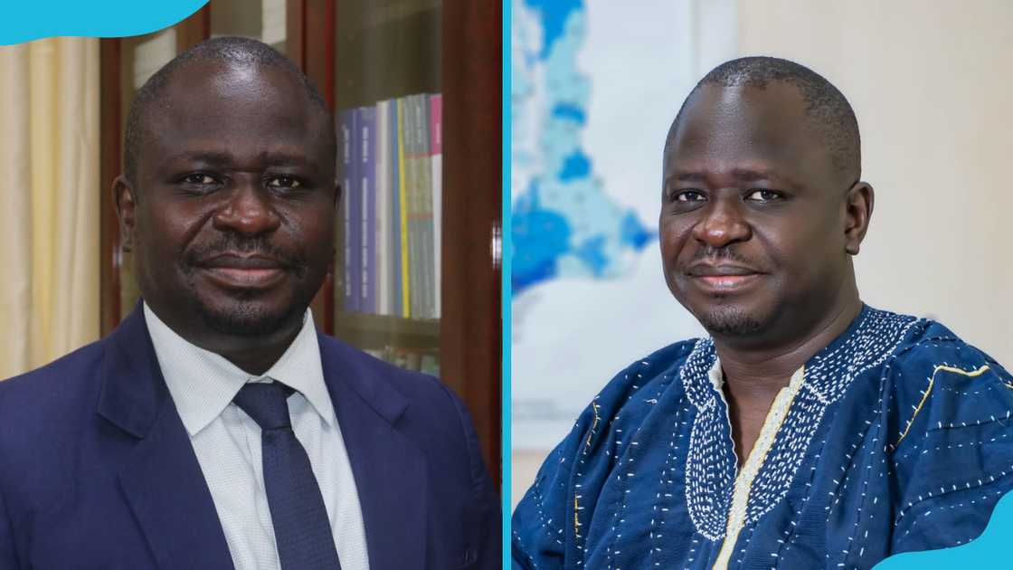 Samuel Kobina Annim is in an office (L). He is sitting in a room (R)