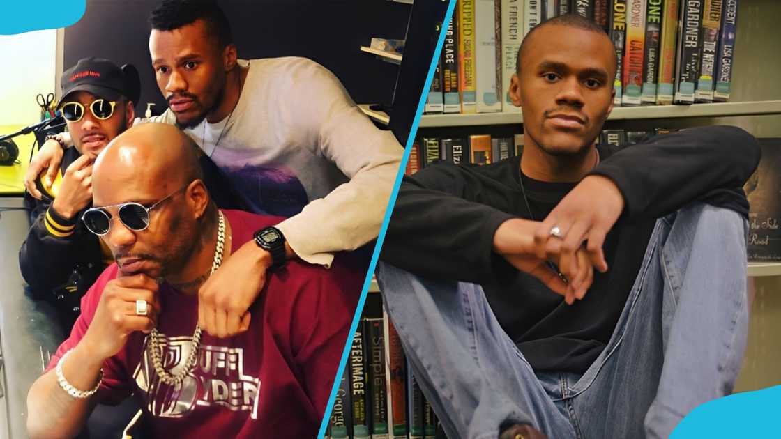 Xavier Simmons, DMX and Swizz Beats (L). Xavier poses in a library (R). Xavier Simmons, DMX and Swizz Beats (L). Xavier poses in a library (R).