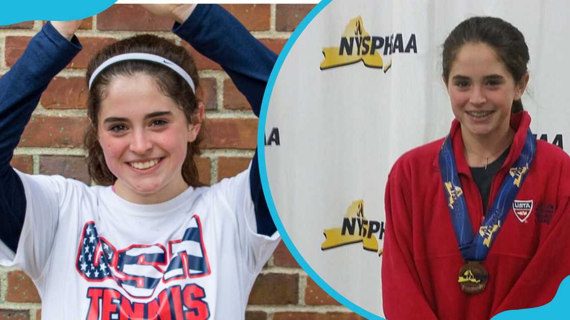 Merri Hannity poses by a brick wall (L) and wears a medal onstage at a tennis award ceremony (R).