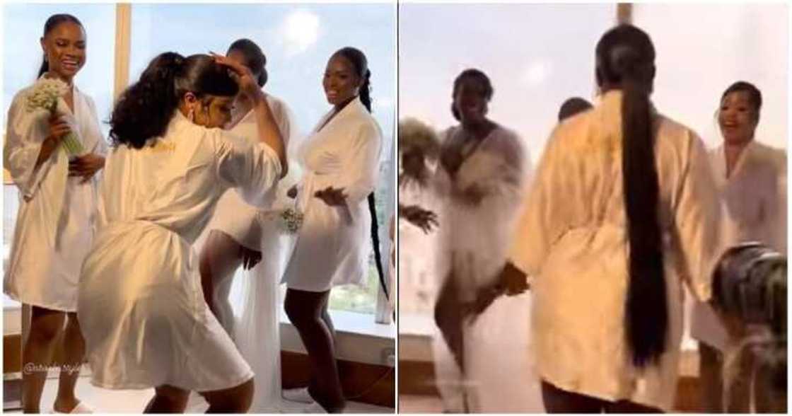 Bride and her bridesmaids dance before her wedding. Bride and her bridesmaids dance before her wedding.