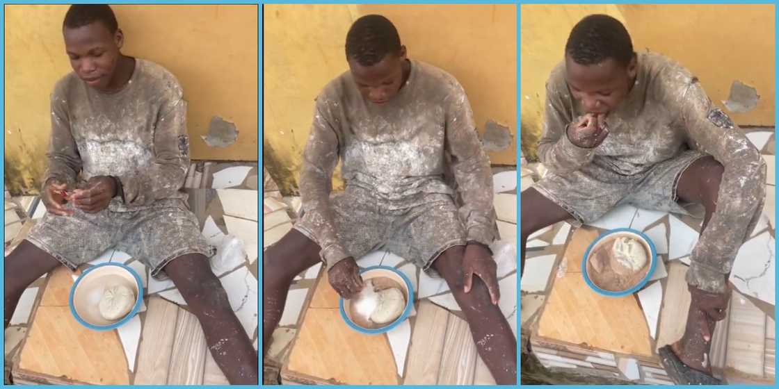 The artisan enjoyed his banku and chocolate drink with a smile The artisan enjoyed his banku and chocolate drink with a smile