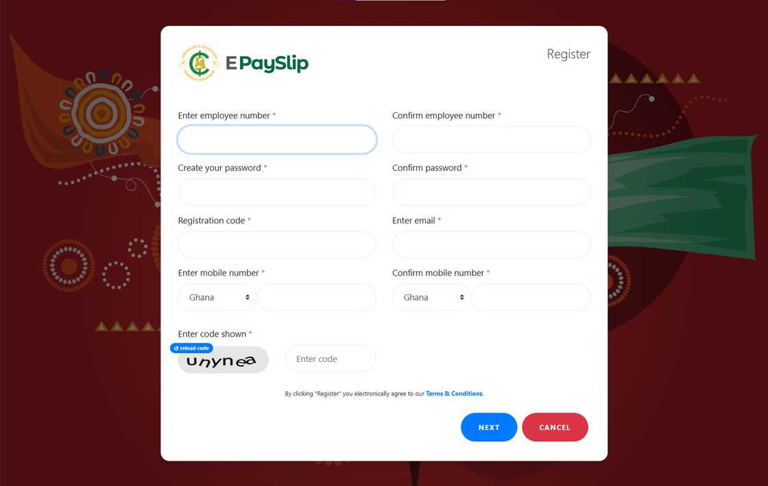 The GOG payslip registration page. The GOG payslip registration page.