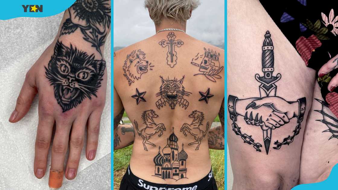 The cat hand tattoo, Russian back tattoo, and dagger thigh tattoo The cat hand tattoo, Russian back tattoo, and dagger thigh tattoo