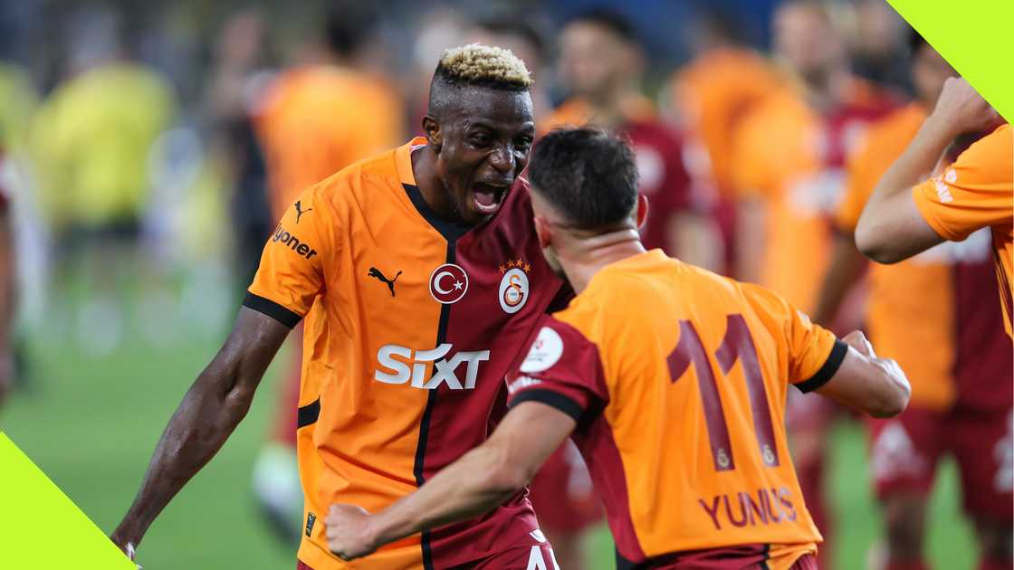 Victor Osimhen celebrates Galatasaray's win over Fenerbahce with his teammate. Victor Osimhen celebrates Galatasaray's win over Fenerbahce with his teammate.