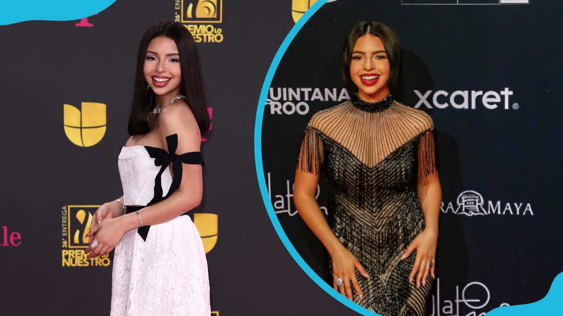 Ángela Aguilar poses in a white gown (L) and a gold and black dress (R).